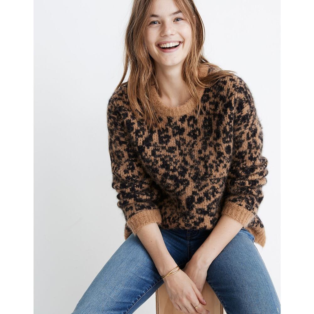 Madewell Fuzzy Pullover Crewneck Alpaca Sweater In Leopard Womens Size Large NWT